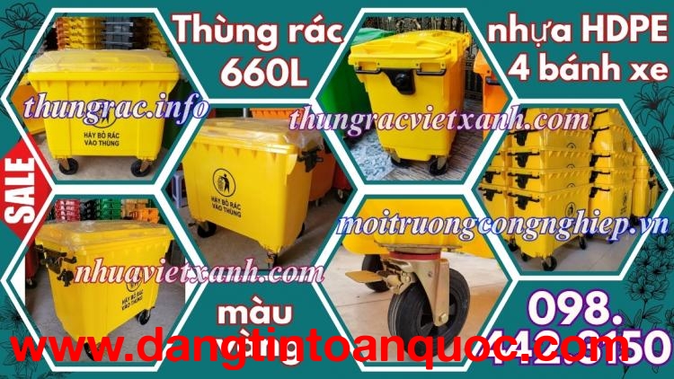 Thùng rác 660 lít nhựa HDPE 4 bánh xe - màu vàng