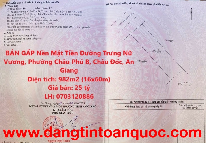 BÁN GẤP Nền Mặt Tiền Đường Trưng Nữ Vương, Phường Châu Phú B, Châu Đốc, An Giang