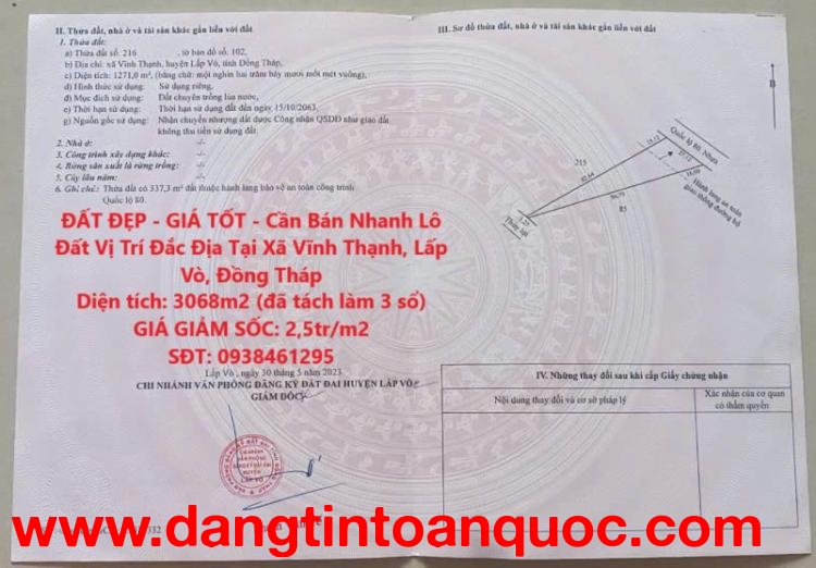 ĐẤT ĐẸP - GIÁ TỐT - Cần Bán Nhanh Lô Đất Vị Trí Đắc Địa Tại Xã Vĩnh Thạnh, Lấp Vò, Đồng Tháp