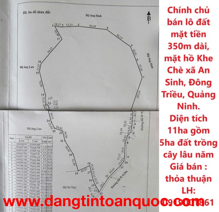 Chính chủ bán lô đất mặt tiền 350m dài, mặt hồ Khe Chè xã An Sinh, Đông Triều, Quảng Ninh.