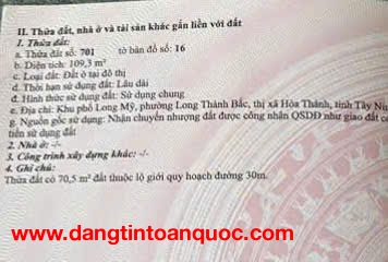 CHÍNH CHỦ BÁN ĐẤT ĐẸP - GIÁ Tốt - Vị Trí Tại : Long Mỹ - Long Thành- Bắc Hòa - Tây Ninh