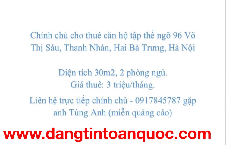 Chính chủ cho thuê căn hộ tập thể ngõ 96 Võ Thị Sáu, Thanh Nhàn, Hai Bà Trưng, Hà Nội