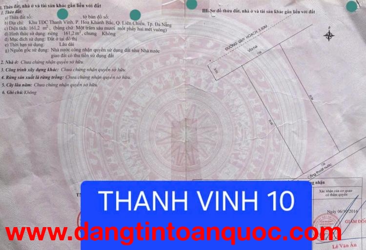 ????BÁN ĐẤT THỔ CƯ 162M2, THANH VINH 10, HOÀ KHÁNH BẮC, ĐÀ NẴNG