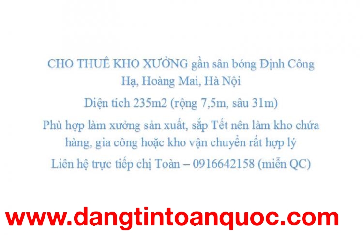 CHO THUÊ KHO XƯỞNG gần sân bóng Định Công Hạ, Hoàng Mai, Hà Nội