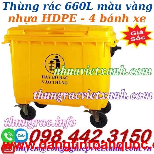 Thùng rác 660 lít nhựa HDPE 4 bánh xe - màu vàng