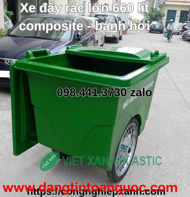 Xe thu gom rác 660 lít bánh hơi nhựa composite, Thùng rác nhựa 660 lít composite bánh hơi, Thù