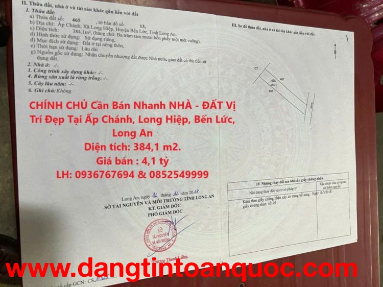 CHÍNH CHỦ Cần Bán Nhanh NHÀ - ĐẤT Vị Trí Đẹp Tại Ấp Chánh, Long Hiệp, Bến Lức, Long An