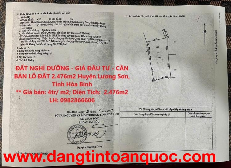 ĐẤT NGHỈ DƯỠNG - GIÁ ĐẦU TƯ - CẦN BÁN LÔ ĐẤT 2.476m2 Huyện Lương Sơn, Tỉnh Hòa Bình