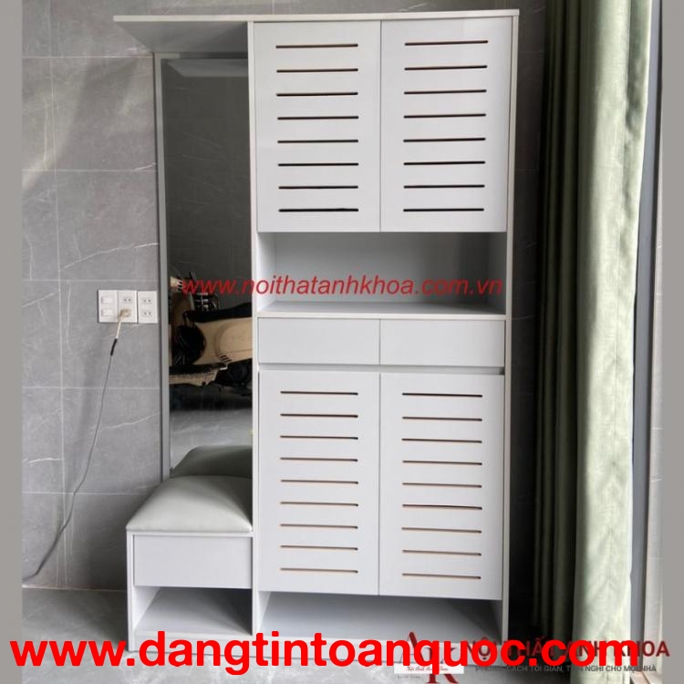 Tủ Giày Kết Hợp Ghế Ngồi Màu Xám Nhạt Gỗ MDF Bền Đẹp