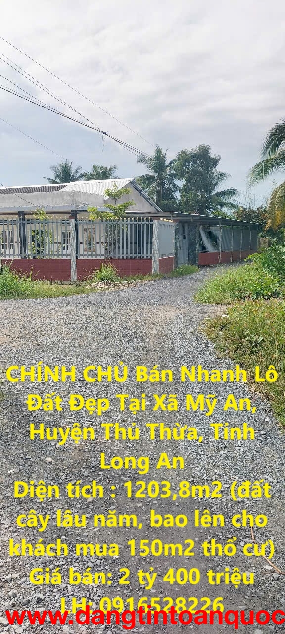 CHÍNH CHỦ Bán Nhanh Lô Đất Đẹp Tại Xã Mỹ An, Huyện Thủ Thừa, Tỉnh Long An