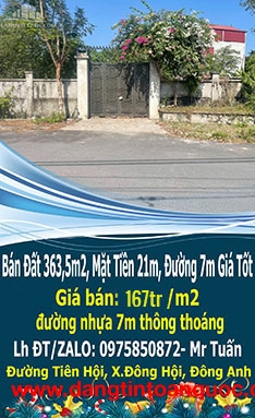 Bán Đất 363,5m2, Mặt Tiền 21m, Đường 7m Giá Tốt Nhất 167tr/m2-Đường Tiên H