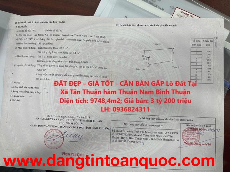 ĐẤT ĐẸP – GIÁ TỐT - CẦN BÁN GẤP Lô Đất Tại Xã Tân Thuận hàm Thuận Nam Bình Thuận