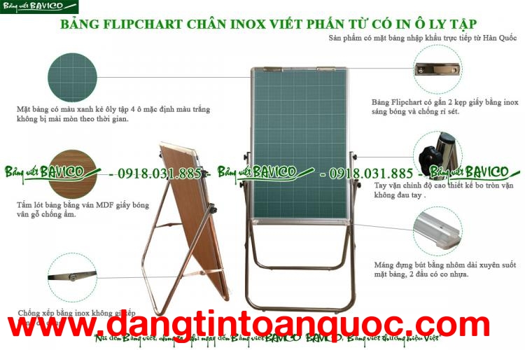 Bảng Flipchart chân inox viết phấn từ ô ly tập cho bé 