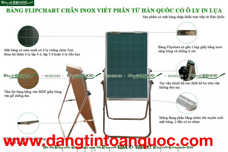 Bảng Fipchart chân inox viết phấn từ Hàn Quốc mặt bảng có in lụa ô ly cho học sinh Tiểu Học