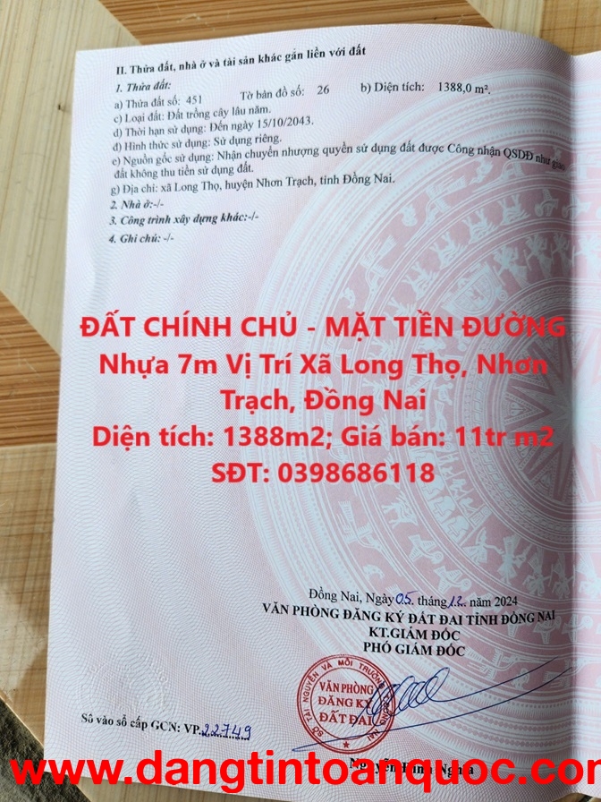 ĐẤT CHÍNH CHỦ - MẶT TIỀN ĐƯỜNG Nhựa 7m Vị Trí Xã Long Thọ, Nhơn Trạch, Đồng Nai