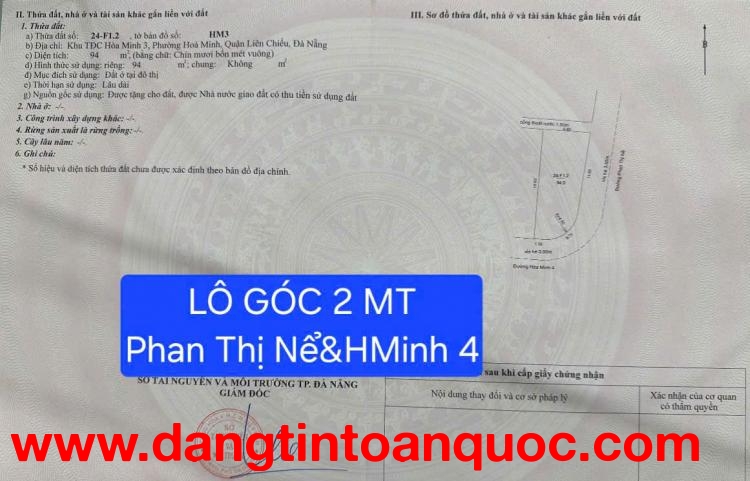 ????????Đất lô góc 2 mặt tiền đường Phan Thị Nể & Hòa Minh 4 - cách biển chỉ 70m