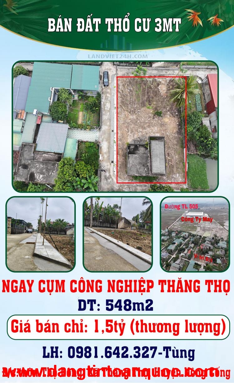 CHÍNH CHỦ BÁN ĐẤT THỔ CƯ 3MT NGAY CỤM CÔNG NGHIỆP THĂNG THỌ