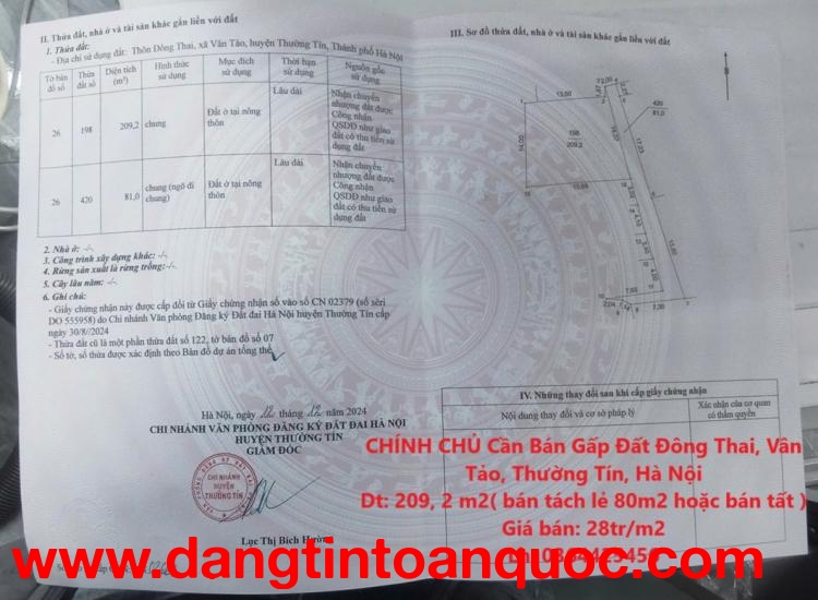 CHÍNH CHỦ Cần Bán Gấp Đất Đông Thai, Vân Tảo, Thường Tín, Hà Nội