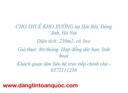 CHO THUÊ KHO XƯỞNG tại Hải Bối, Đông Anh, Hà Nội