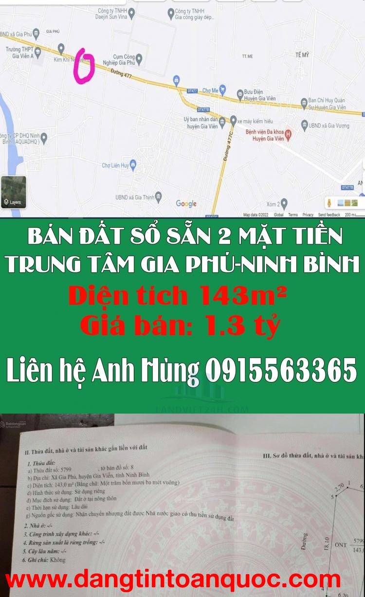 CHÍNH CHỦ BÁN ĐẤT SỔ SẴN 2 MẶT TIỀN TRUNG TÂM GIA PHÚ-NINH BÌNH