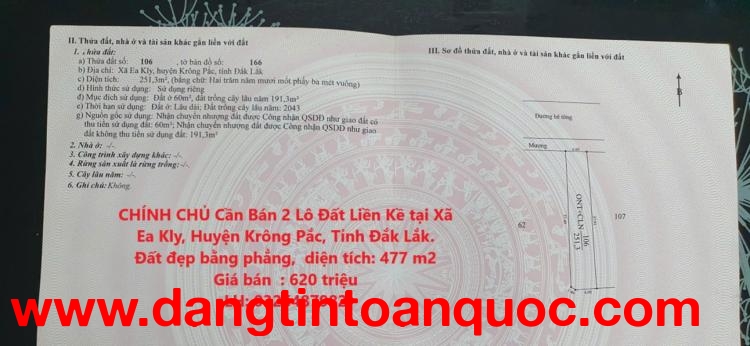 CHÍNH CHỦ Cần Bán 2 Lô Đất Liền Kề tại Xã Ea Kly, Huyện Krông Pắc, Tỉnh Đắk Lắk.