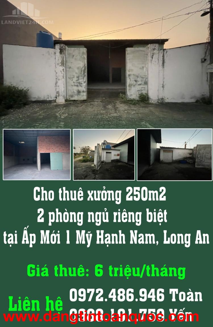 Cho thuê xưởng 250m2, 2 phòng ngủ riêng biệt tại Ấp Mới 1 Mỹ Hạnh Nam