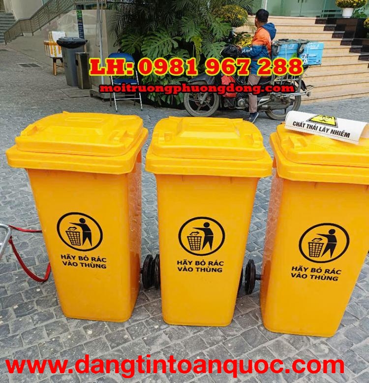 Thùng rác 120L màu vàng y tế 2 bánh xe nhựa HDPE