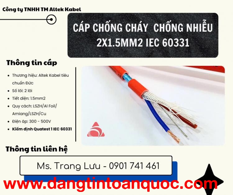 Cáp chống cháy chống nhiễu 2x1.5 kiểm định Quatest 1 IEC 60331