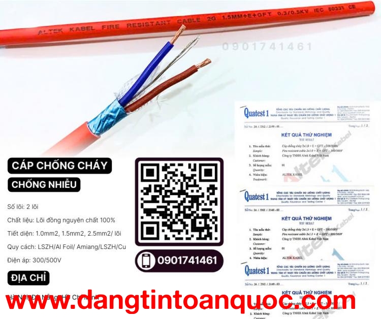 Cáp chống cháy chống nhiễu 2x1.0 tiêu chuẩn IEC 60331, BS 6387