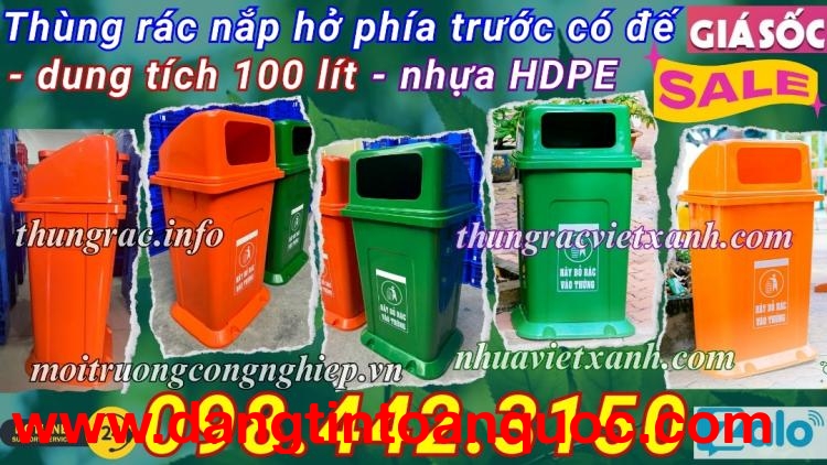 Thùng rác 100L nắp hở có đế nhựa HDPE
