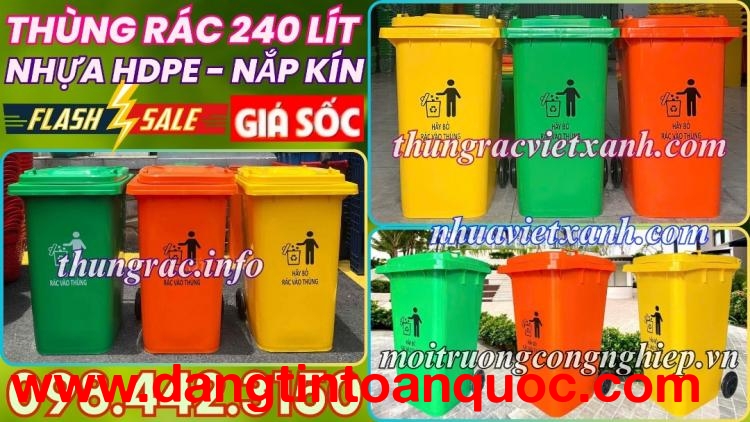 Thùng rác nhựa 240 lít nắp kín nhiều màu sắc giúp phân loại rác thải