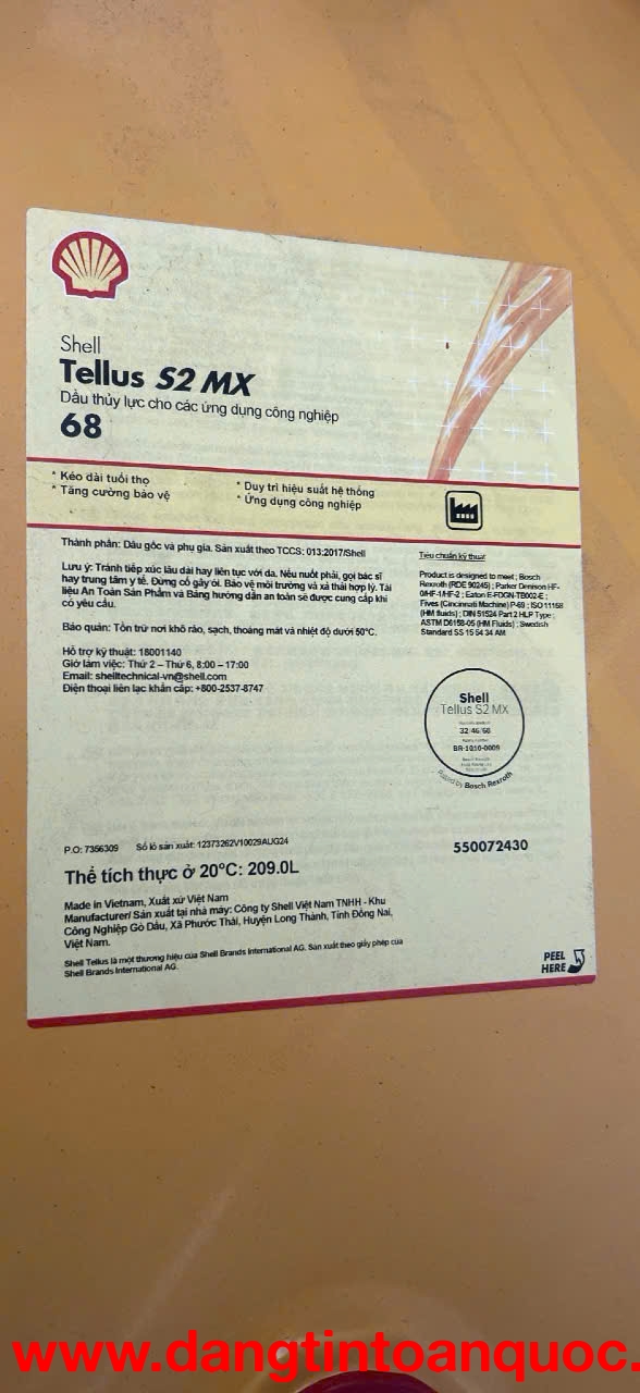 Dầu thủy lực Shell Tellus S2 MX 68 209L chính hãng.