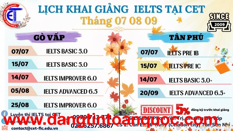   LỊCH HỌC IELTS TẠI CET NĂM 2025 tại TÂN PHÚ 