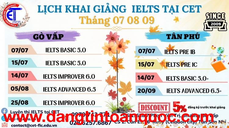  LỊCH HỌC IELTS TẠI CET NĂM 2025 tại TÂN PHÚ 