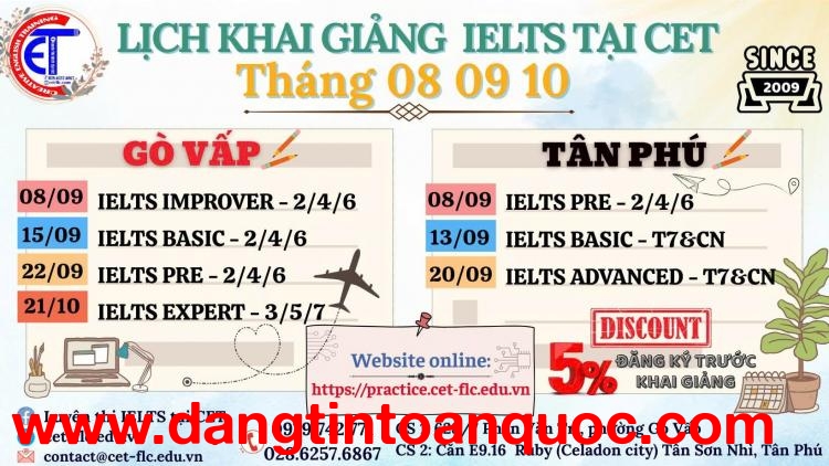 LỊCH HỌC IELTS TẠI CET NĂM 2025 – LUYỆN IELTS TỪ 5.0 đến 7.0+ 
