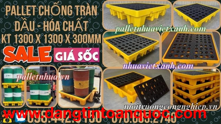 Pallet nhựa chống tràn 4 phuy KT 1300x1300x300mm