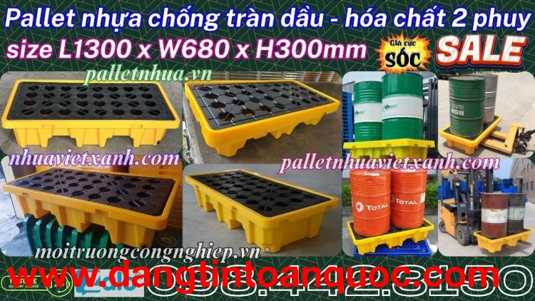 Pallet nhựa chống tràn 2 phuy KT 1300x680x300mm