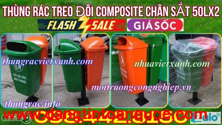 Thùng rác composite treo đôi chân sắt 50Lx2