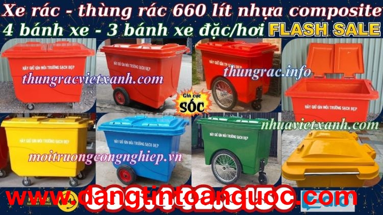 Thùng rác 660 lít nhựa composite 4 bánh xe và 3 bánh xe đặc/hơi