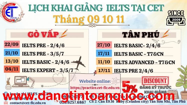  LỊCH HỌC IELTS TẠI CET NĂM 2025 – LUYỆN IELTS TỪ 5.0 đến 7.0+ 