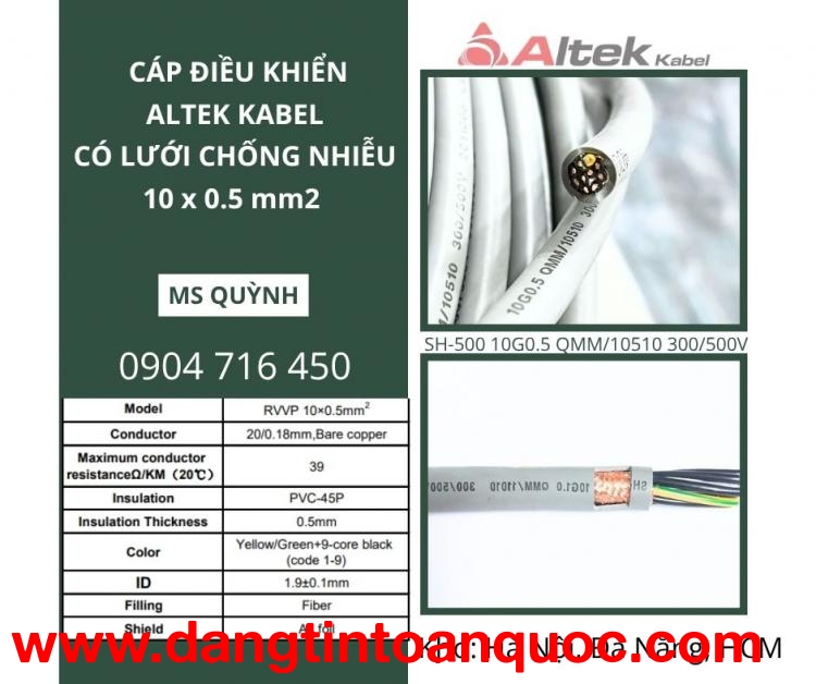 Cáp điều khiển chống nhiễu 10x0.5, 10x0.75, 10x1.5 Altek Kabel Hà Tĩnh, Quảng Trị, Đà Nẵng