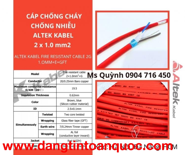 Cáp chống cháy chống nhiễu 2x1.0 Altek Kabel Quảng Bình, Đà Nẵng, Quảng Trị