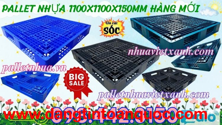 Pallet nhựa 1100x1100x150mm đan thanh màu xanh dương và đen