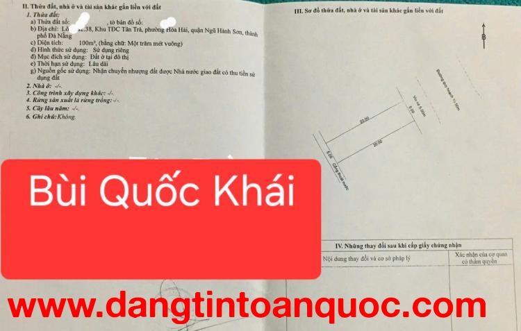 Bán đất đường Bùi Quốc Khái - Gần bãi tắm Tân Trà