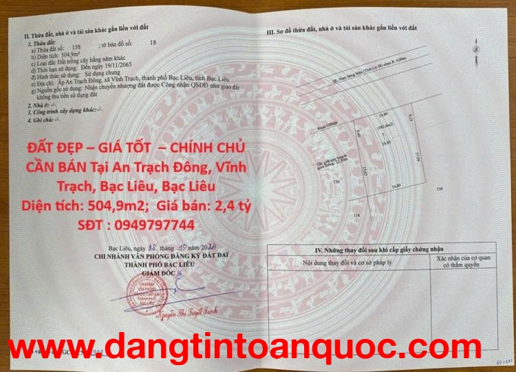 ĐẤT ĐẸP – GIÁ TỐT  – CHÍNH CHỦ CẦN BÁN Tại An Trạch Đông, Vĩnh Trạch, Bạc Liêu, Bạc Liêu
