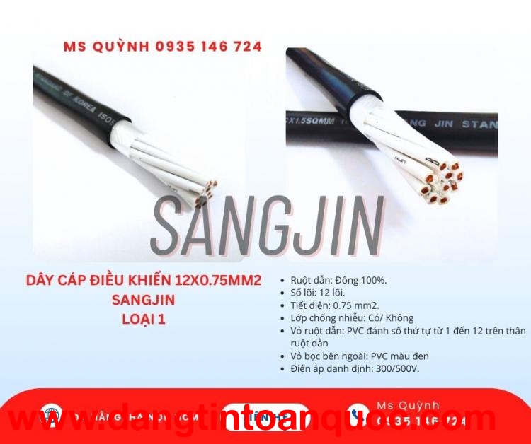 Cáp điều khiển Sangjin DVV 12x0.5, 12x0.75, 12x1.25, 12x1.5 Sài Gòn, Đồng Nai