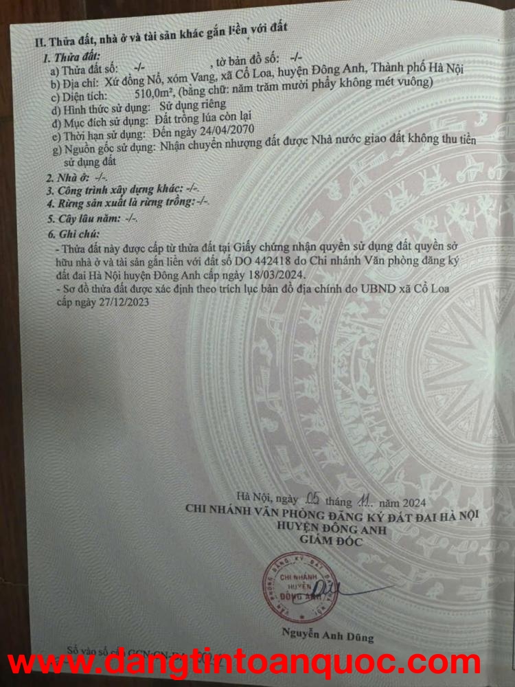 CẦN BÁN MẢNH ĐẤT XỨ ĐỒNG NỔ, XÓM VANG– CỔ LOA, ĐÔNG ANH, HÀ NỘI (GẦN VINHOMES ĐÔNG ANH CÁCH KHOẢNG 2