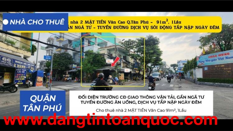 Cho thuê nhà 2 MẶT TIỀN Văn Cao 91m², 1Lầu - ĐỐI DIỆN TRƯỜNG CĐ, GẦN NGÃ TƯ