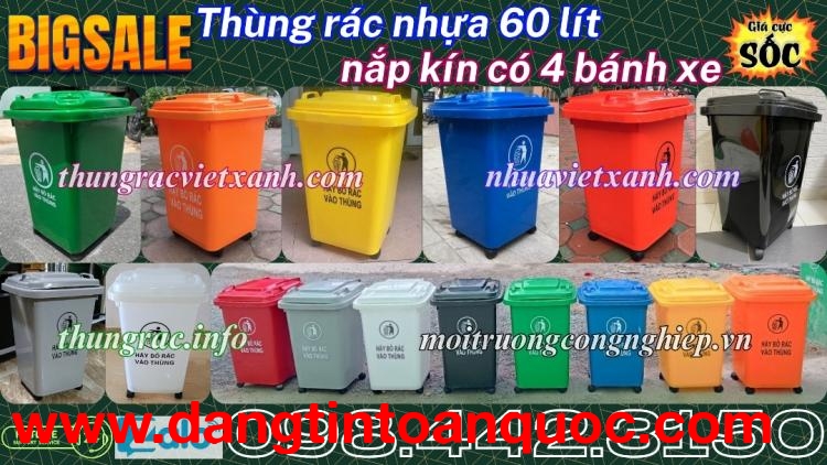 Thùng rác nhựa 60 lít nắp kín 4 bánh xe - nhiều màu phân loại rác