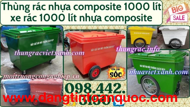 Thùng rác 1000 lít nhựa composite 4 bánh xe và 3 bánh xe đặc/hơi